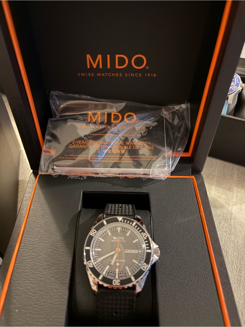 Mido Black Dial Men's Diver Watch with Orange Accents